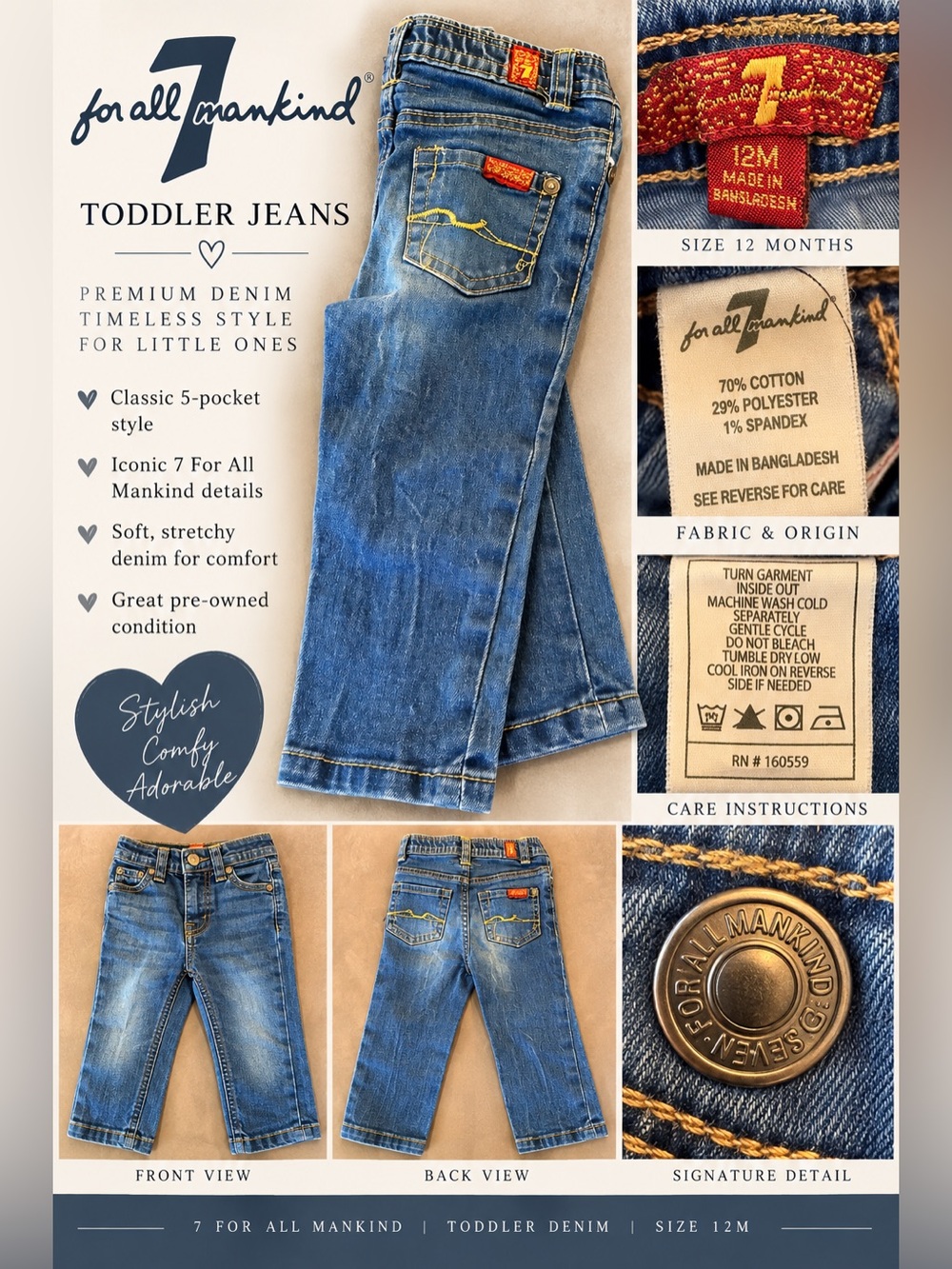 7 For All Mankind Boys Straight Jeans in Medium Blue Denim with Yellow Stitching